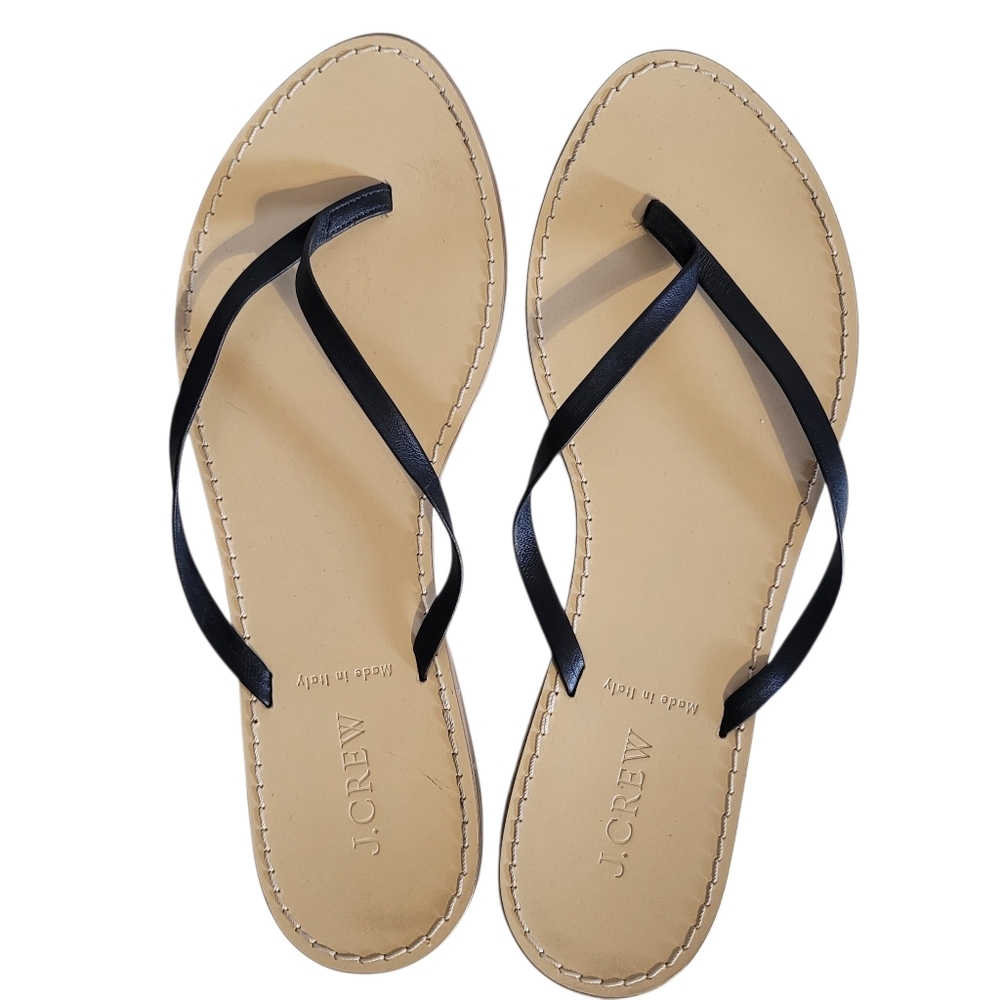 J Crew Black Leather Thin Straps Classic Flip Flops Sandals Wmn 9 Beach Pool